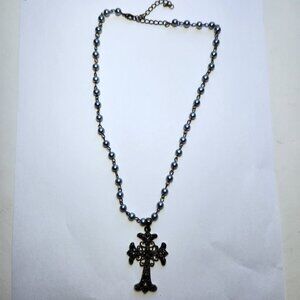 Gothic Style Cross Pendant Necklace Silver Tone Black Rhinestones and Blue Beads